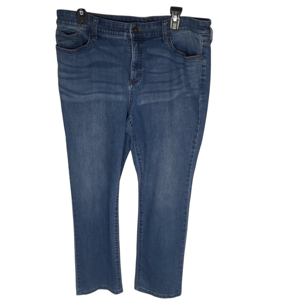 St Johns Bay Jeans Womens 14 Short Blue Straight Leg Stretch Denim Medium Wash